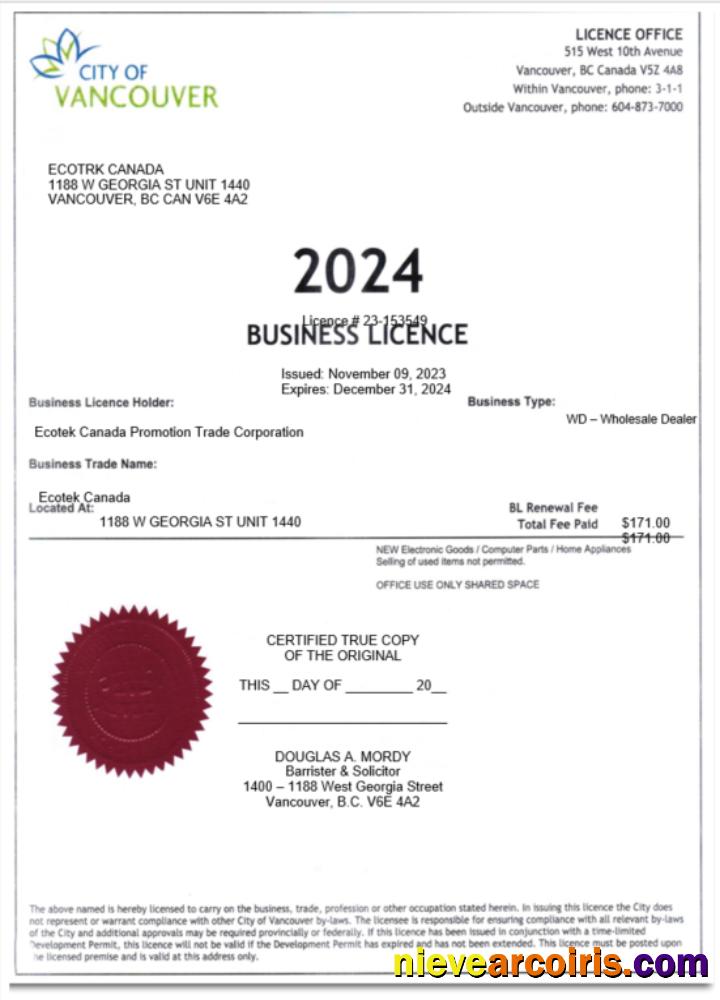 USA City of Vancouver certificate of business licence